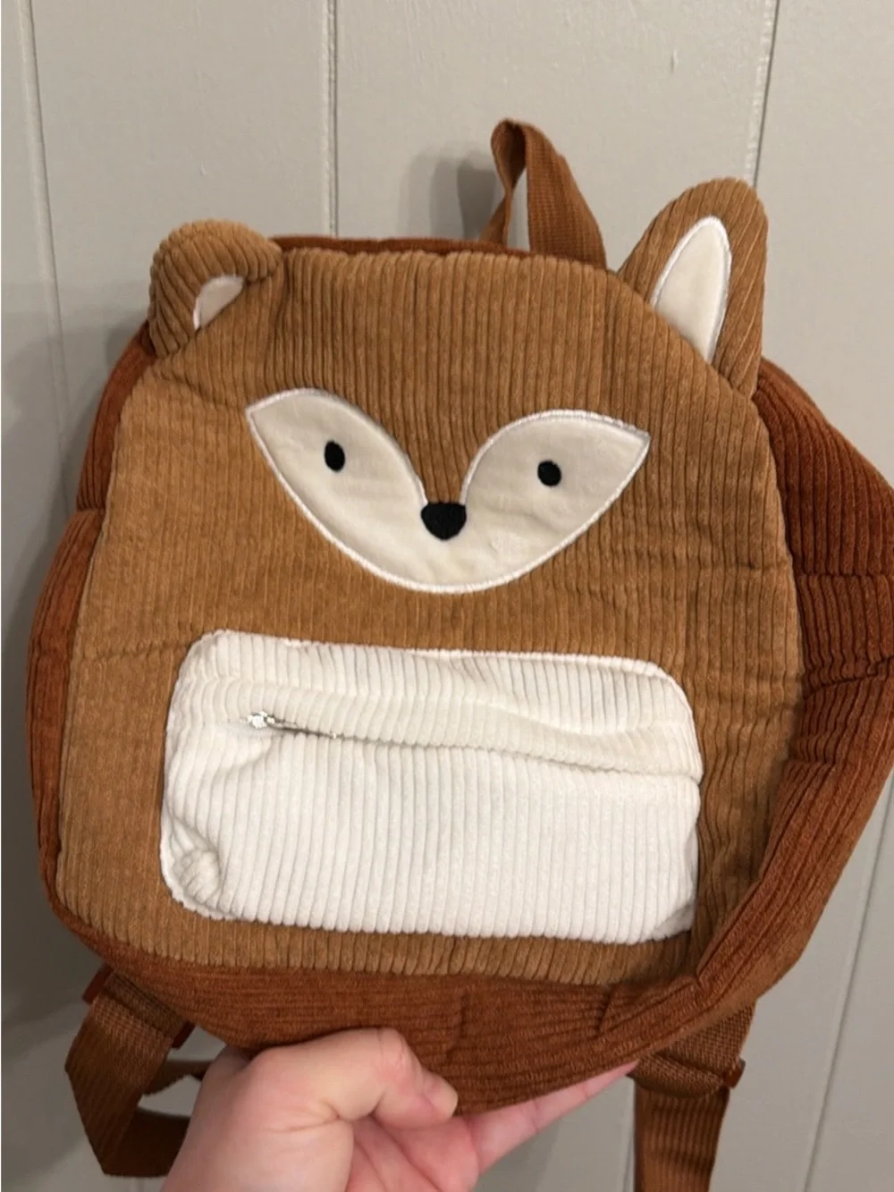 Cute Corduroy Fox Kids Backpack in Brown and Cream